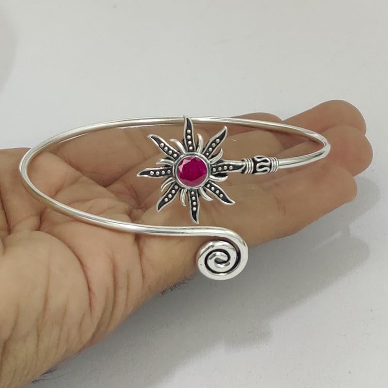 Silver Sunburst Arm Cuff, Ruby Stone Boho Upper Arm Bracelet, Spiral Arm Cuff, Gemstone Armlet, Sun Bohemian Jewelry Gift