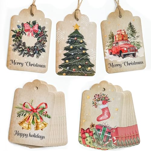 Vintage Christmas Gift Tags with String - 45 Quality Paper Labels for Personalizing Your Christmas Presents 5 Holiday Designs 2 x 3 Inch Rustic Xmas Gift Name Tags for Presents & Gifts Bags Wrapping