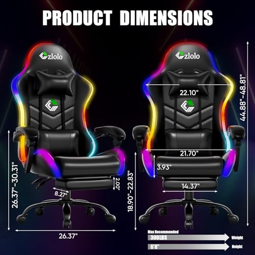 Image of Czlolo Gaming Chair, RGB LED Lights Computer Chair with Footrest, Lumbar Support Massager Gamer Chair, High Back, 90-135 Reclining, Linkage Armrests, Black