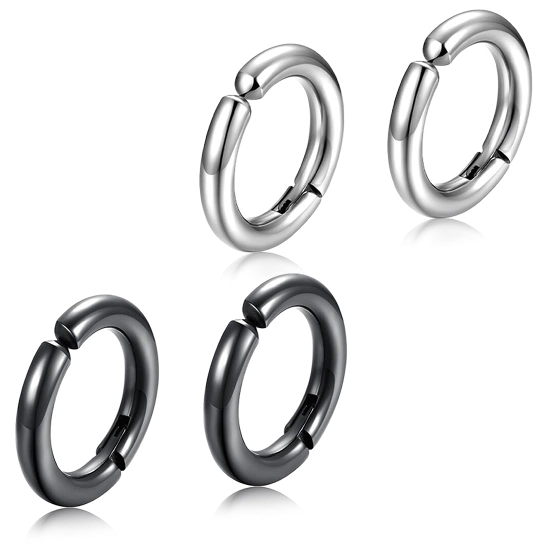 2 Paia Orecchini Non-Piercing, Acciaio Inossidabile, Design a Cerchio, Argento/Nero, Clip On