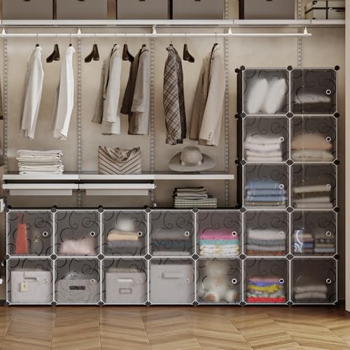 MAGINELS 25 Cube Storage Organizer,Portable Plastic Storage Cabinet,Closet.Stackable Cubby Shelf for Clothes,Toy,Bag. Suitable for Bedroom,Studyroom,Closet Organization,Black(14×14 inch)