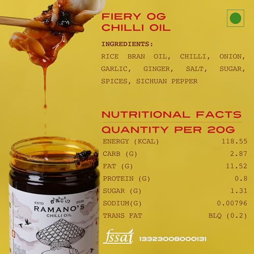 Image of RAMANO'S Fiery OG Chilli Oil 240 Gms, Extra Hot and Spicy with 5 Hand-Picked Chillies, Intense Sichuan Peppercorn Heat for Spice Lovers, Perfect for Stir-Fries, Marinades, Fried rice, Pizza & Pasta