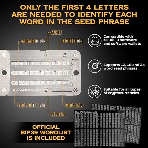 AWANGUARD Premiere Basic Plus - Bitcoin Steel Wallet, 24 x Seed Phrase Recovery Key Backup, Offline Crypto Key Steelwallet, Cold Krypto Seeds Storage - Kompatibel Mit ALL BIP 39 Wallets