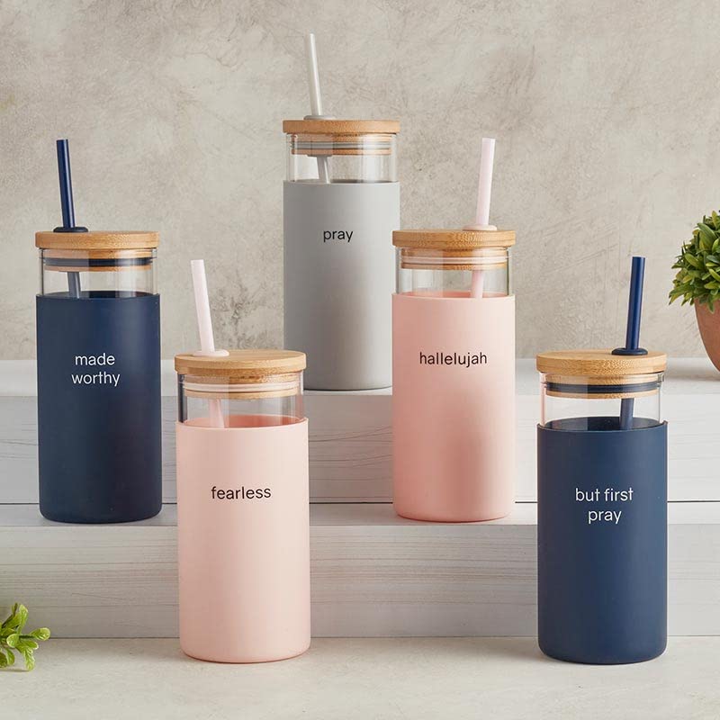 Miniatura 3 de Creative Brands Faithworks - Botella de agua de vidrio inspiradora con funda de silicona, tapa de bambú y vaso con tapa de pajita, 18 onzas, But