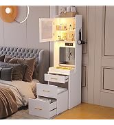 High Gloss Nightstand with USB/Wireless Charging, LED White Side Table with Storage Drawers