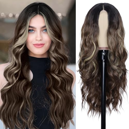 Image of NAYOO Brown Wig for Women,26 Inch Lace Hairline Middle Part Synthetic Wig