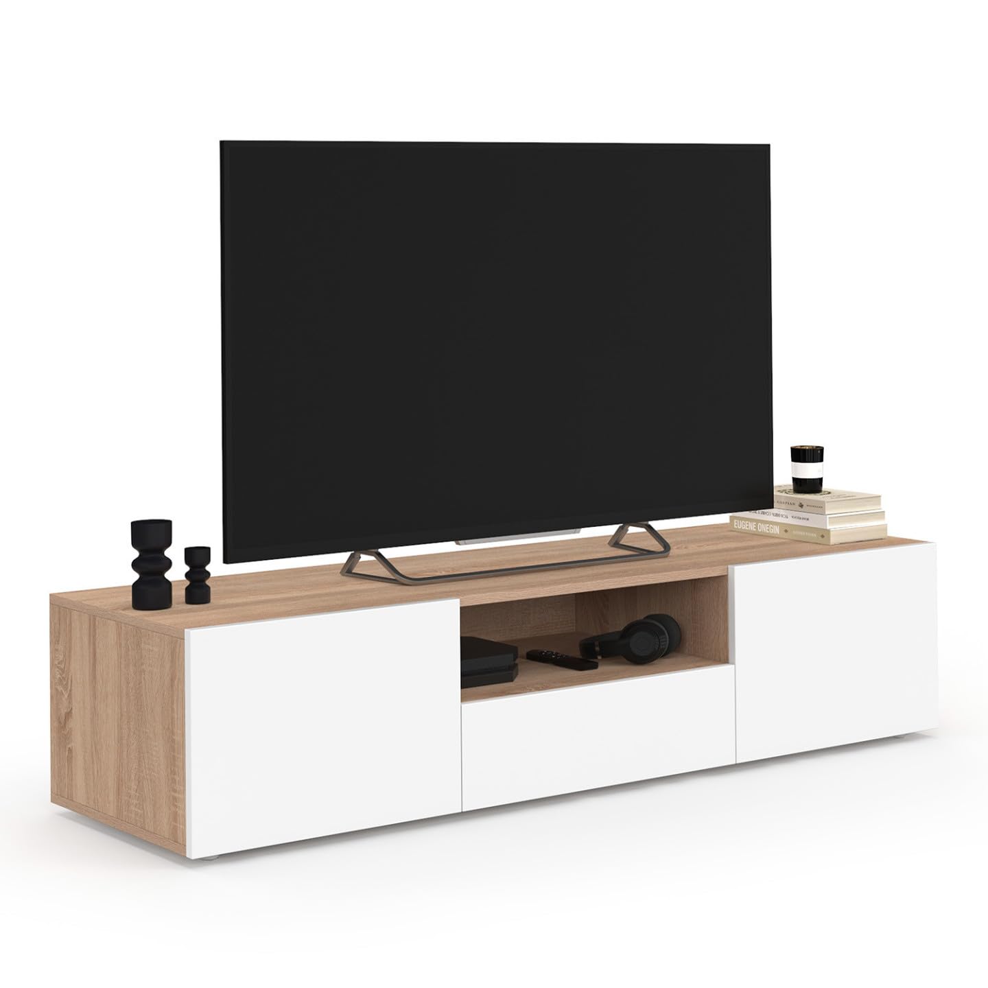 IDMarket - Meuble TV 140 cm ELI Bois façon hêtre Portes Blanches