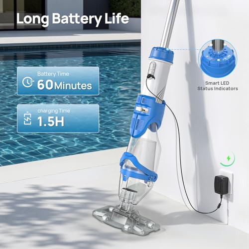 Image of Consciot Pool Vacuum for Above Ground & Inground Pool, 22 GPM Suction Handheld Cleaner with 7.3FT Telescopic Pole, 2L Capacity, 60-Min Runtime, 2 Filters; Ideal for Spa, Hot Tub & Stairs