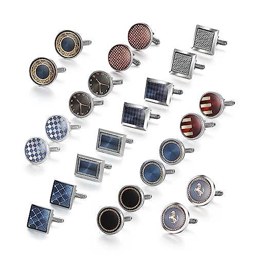 Wynameleri Cufflink 12 Pairs, Classic Fashion Men's Cuff Links Silver-tone Gold-tone Black for Business Wedding Party Gift Box T0212013