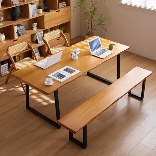 wangbochuan Solid Wood Administrative Computer Desk - Rustic Style Large Office Desk, Modern Minimalist Workstation for Home, Ideal for Learning, Writing, and Professional Use (Dark Yellow, 55.12in)