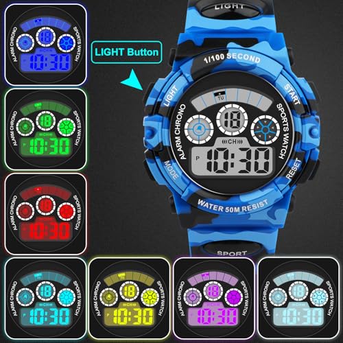 Image of Edillas Kids Digital Watch 7 Colors 50M Waterproof Sport Alarm Boys 7-15 | 7 Color Lights, 50M Waterproof, Alarm, Stopwatch, Easy to Read, Comfort Strap, Great Sport Watch for Outdoor Ages 7-15