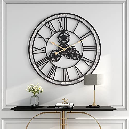 Large-Wall-Clock, Decorative Wall Clocks For Living Room Decor, Modern Industrial Metal And Wooden Frame Wall Clock For Bedroom Entryway Foyer Hallway, 27In Oversized Gear Wall Clock #TOP5