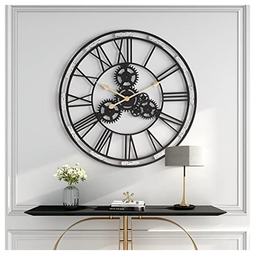 Large-Wall-Clock, Decorative Wall Clocks for Living Room Decor, Modern Industrial Metal and Wooden Frame Wall Clock for Bedroom Entryway Foyer Hallway, 27IN Oversized Gear Wall Clock
