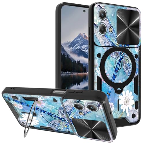 for Motorola Moto G-Stylus-5G-2023 Case, with Slide Camera Cover&Shockproof Bracket, Dual Layer Durable Heavy Duty Protective Cell Phone Case for Moto G Stylus 5G 2023,Cute Dragonfly Flower