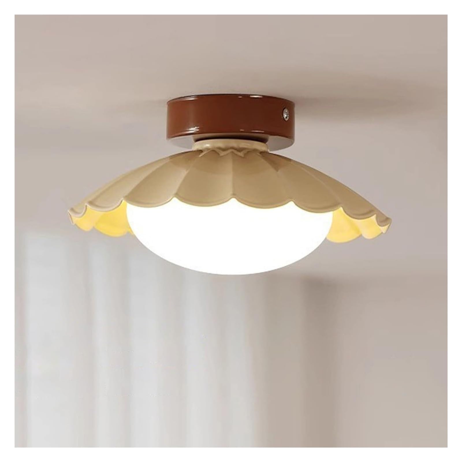 KHUKHU Walnut Finish Flush Mount Ceiling Light,Hallway Light Fixture with Metal Lampshade,Mid Century Semi Flush Mount Ceiling Lamp for Hallway Entryway and Office(Cream,11.81In/30cm)