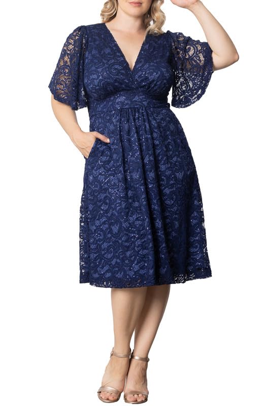 Kiyonna Plus Size Starry Sequin Lace Midi Cocktail Dress | Party, Holiday, & Wedding Guest Dress