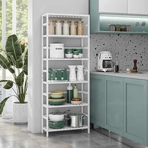 FOREHILL Bamboo Shelving Units 6-tier Storage Shelves Adjustable Kitchen Storage Book Rack Plants Stand Shelf Nature for Bathroom Kitchen 60x26x161cm White