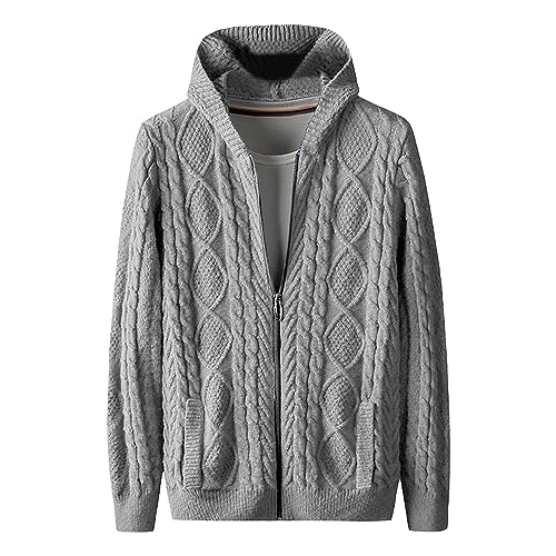 JEsilunmaMY Mens Cable Knit Hooded Cardigan Sweaters Long Sleeve Comfortable Cotton Knitwear Solid Color Lightweight Hoodies