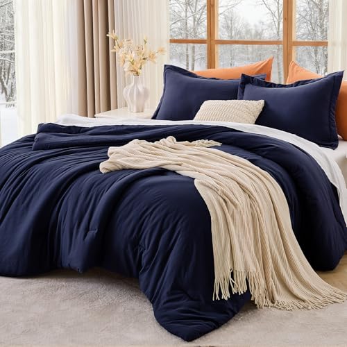 Image of MUXHOMO Oversized King Comforter Sets, All Season Ultra Soft Down Alternative Bedding - 3 Piece Lightweight Bed Set Includes 1 Comforter (120 inchx98 inch) and 2 Pillow Shams (20 inchx36 inch), Navy Blue
