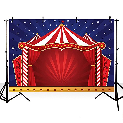 MEHOFOTO - Fondo para fotos con diseño de carpa de circo roja y cielo azul estrellado para fiesta de cumpleaños para niños,1,5 x 2,2 m