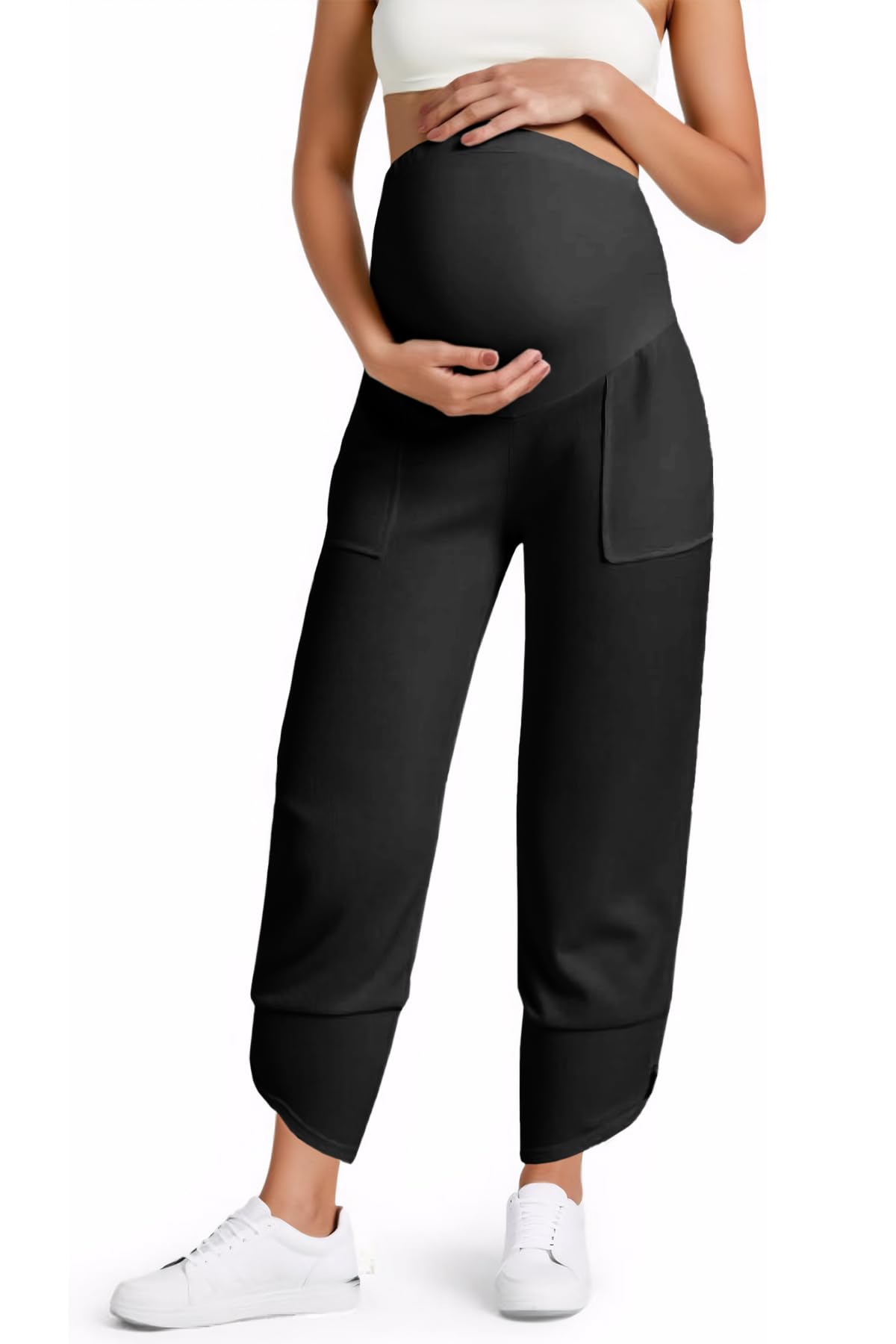 Yousify Womens Wide Leg Maternity Pants Casual Stretchy Ribbed Palazzo Pregnancy Trousers with Pockets