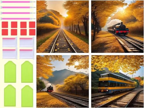 Broderie point de croix diamond painting : lot de 4 canevas strass 5D train T-4499