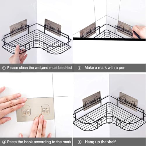 Image of Metal Multipurpose Bathroom /Kitchen Corner Storage Organizer Wall Mounted Rack Shelf Shower Caddy (No Drilling - Shelf Adhesive) Bathroom Accessories Storage Rack (Black, Pack of 1)
