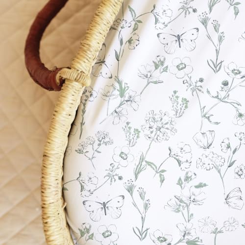 Image of Baby Bassinet Sheets Girl (Butterfly Garden) 2-Pack - Fitted Bedside Bassinet Sheets - Buttery Soft Cotton Blend for Standard Mattress Pad - Compatible with Halo BassiNest