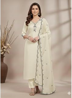 Embroidered Kurta Set with Purple Dupatta, Traditional Indian Ethnic Wear, 3/4 Sleeve Price In India