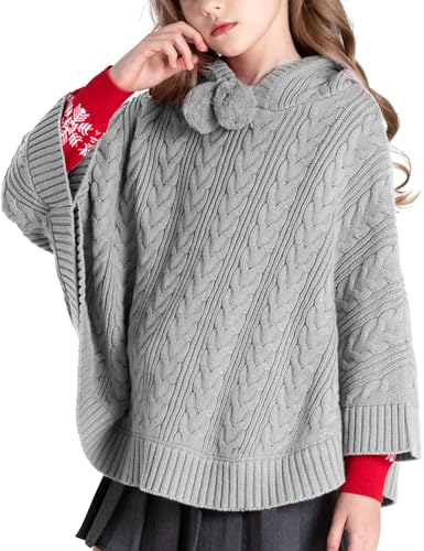 Image of BOBOYOYO Cape for Girls Hooded Cable Knit Poncho Sweaters Kids Shawl