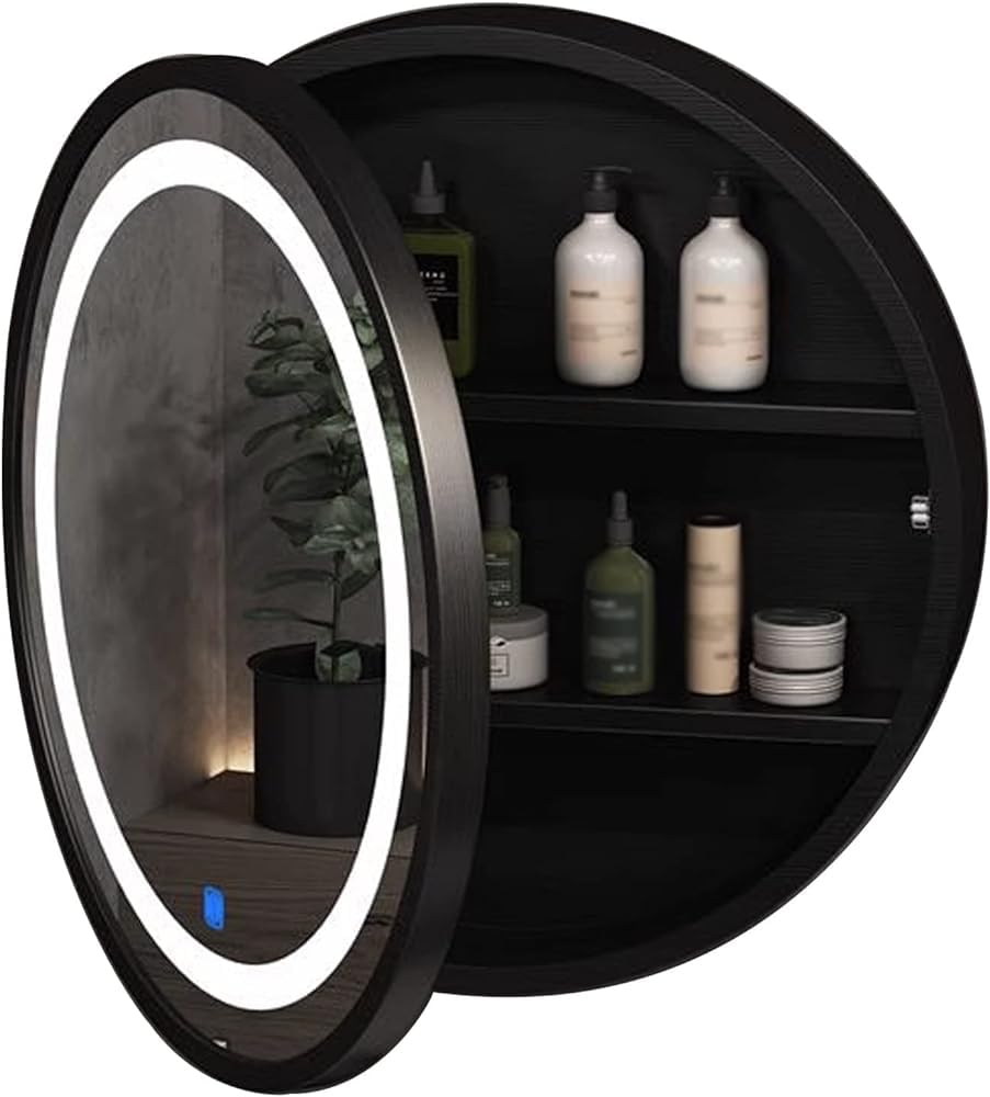 BKSXSOP 60cm Black Round Mirror Cabinet with Light - Wall Mounted Bathroom Vanity Storage Shelf for Stylish nization and Modern Decor