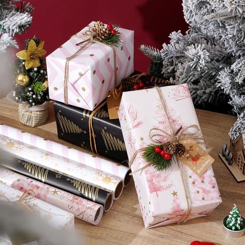 Geschenkpapier Weihnachten 4 Rollen Set, Gold geschenkpapier rolle, Weihnachtsgeschenkpapier Christmas Geschenkfolie Weihnachtspapier Xmas Wrapping Paper Mit Aufkleber Tags Papierseilen 43 * 300cm