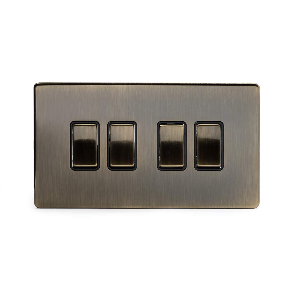 Soho Lighting Antique Brass 4 Gang Intermediate Light Switch Black Insert Screwless