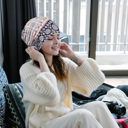 Image of PALAY Hijab Caps for Women, Floral Print Chemo Cap Slouchy Beanie Cap for Women, Fashion Skull Dwarf Hats Head Scarf for Women, Soft Stretch Running Head Scarves for Teen Girls - All Season Use