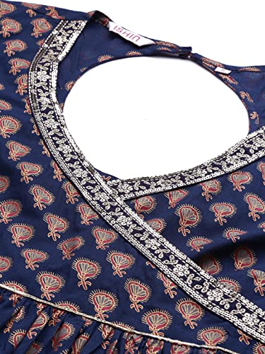 Image of ishin Women's Cotton Navy Blue Embellished Foil Print Anarkali Flared Kurta