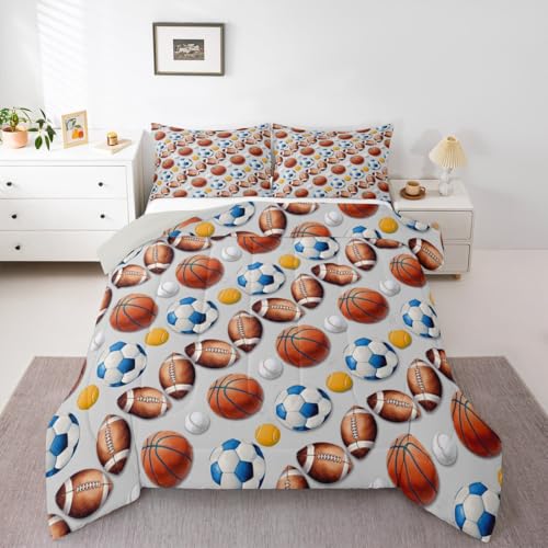 Image of Feelyou Soccer Football Comforter Set Full Size Basketball Baseball Softball Sport Theme Bedding Set for Kids Boys Girls Light Gray Duvet Quilt Bedroom Decor Microfiber 3 Pcs with 2 Pillow Cases