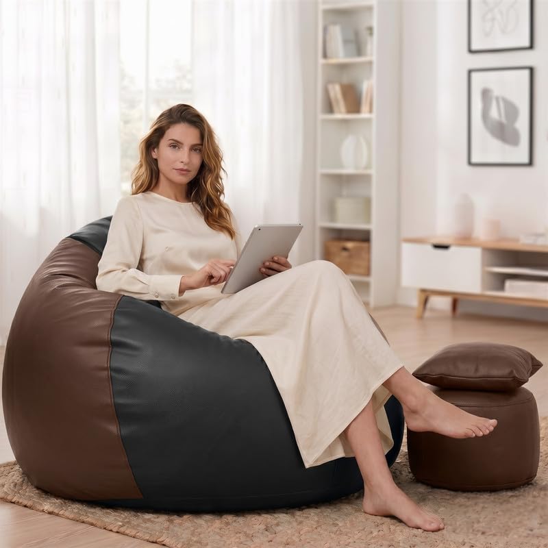 Biggie Bean Bag 6XL Bean Bag Chair Cover - The Classics Bean Bag Sofa - Combo Set-Styled for Elegance with Free Cushion & Footrest (Matching Color : Xyra Black-Brown)-image-34