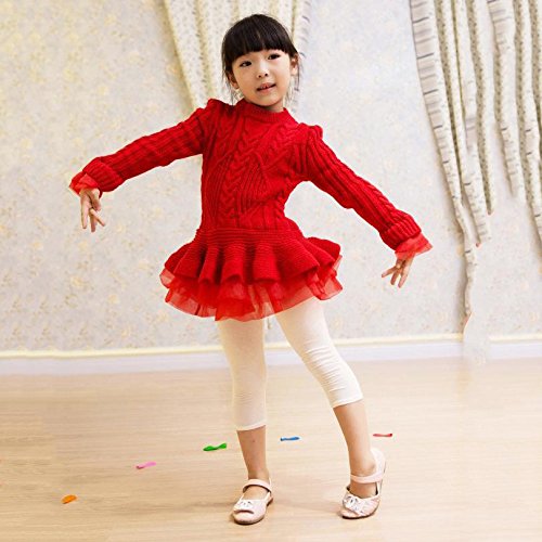 Generic Christmas Sweater Dresses For Girls Ruffle Sweater Long Sleeves Tutu Dress Stitching Knitting Pullover Tops For Kids (Red, 100) #TOP2