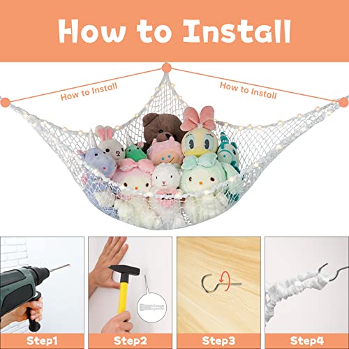 Corner Stuffed Toy Hammock With Led Light,Stuffed Doll Storage Decoration With Diy Design Light,Hanging Toy Storage Net For Kids Bedroom Nursery Play Room(White) #TOP4