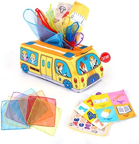 Jollybaby Baby Tissue Box Toy, Baby Sensory Toys Musical Toys Montessori Toys Crinkle Toys Colorful Soft Scarf Box for 6 9 12 Months Toddlers Infants Newborns Gift(School Bus)