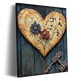 Vintage Heart Key Canvas Prints Wall Decor Art, Framed Rustic Floarl Painting Pictures for Home...