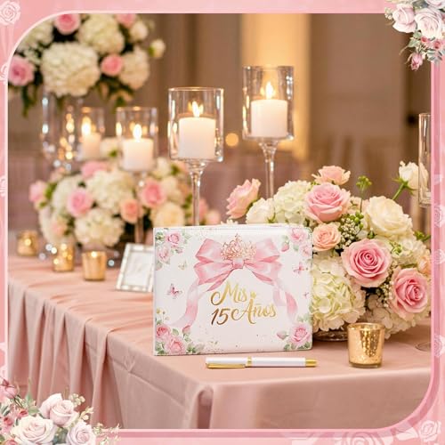 Image of MotiMind Quinceanera Guest Book with Pen 11 x 8 Inch Libro De Firmas Para 15 Anos Quinceanera Leather Hardcover Signature Guest Sign in Book for 15th Party Favors Decoration(Light Pink,Bow)