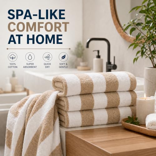 Image of TowelWala Extra Large Cotton Pool & Bath Towel | 180x90 cm | 450 GSM Cotton | Quick Drying & Highly Absorbent | Striped Design for Adults | TW PT Beige Pack 1