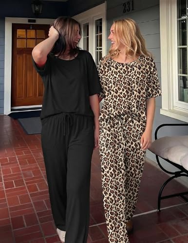 Image of Ekouaer 2 Pack Womens Pajamas Sets Short Sleeve Long Pants Pjs Lounge Set