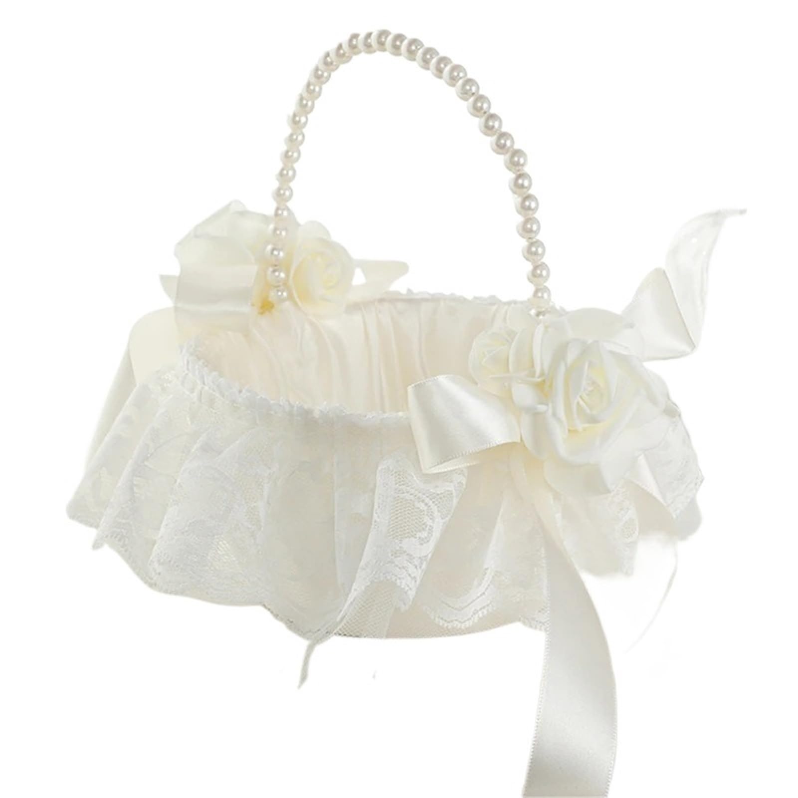 Flower Girl Bow Basket Pearl Handle Satin Bowknot