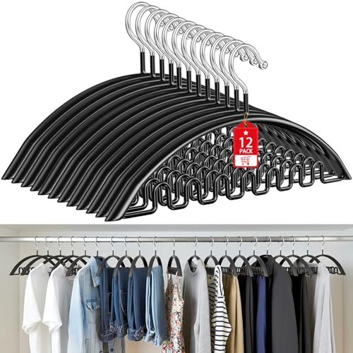 Clothes Hanger 12 Pack, Sweater Hangers No Shoulder Bump, 16.5 Inch Wide Heavy Duty Metal Coat Hangers for Closet Non Slip PVC Coating Space Saving Hangers for Suits Dresses Jackets Bra Shirt Black