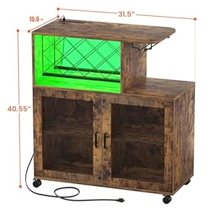 Wine Bar Cabinet with Wheels, Small Liquor Cabinet with LED Light, Home Bar Cart with Power Outlets, Coffee Bar with Wine Rack, Glasses Storage for Kitchen, Dining Room, Living Room, Vintage Wine Bar Cabinet with Wheels Small Liquor Cabinet with LED Light Home Bar Cart with Power Outlets Coffee Bar with Wine Rack Glasses Storage for Kitchen Dining Room Living Room Vintage