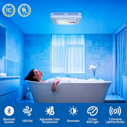 Image of Bathroom Exhaust Fan with Bluetooth Speaker, 230 CFM 1 Sone Exhaust fan with light. 7 RGB 3 Dynamic Light & 3 Color Temperatures (3000-4500-6500K)