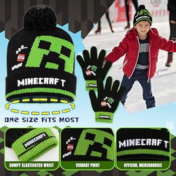 Minecraft Set van muts en handschoenen voor jongens, wintermutsen met Creeper-ontwerp en bijpassende wanten (Groen - 2-delige set