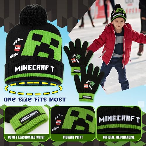 Minecraft Gorro Invierno Set de 2 o 3 Piezas, Gorro Pompón y Guantes con o sin Bufanda, Accesorios de Invierno, Regalos Niños (6-14 Años, Negro Minecraft, 3 Piezas) - imagen 5